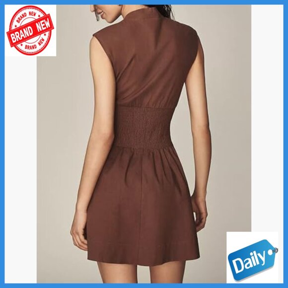 Mini Dress with Pockets, V Neck, Cap Sleeves, Zipper Front, Smocked Waist - Picture 5 of 5